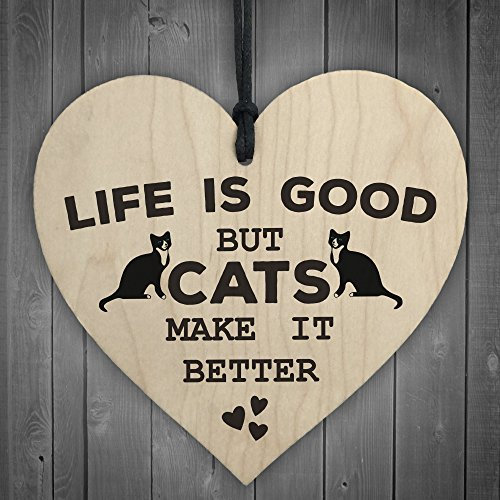 RED OCEAN Cats Make Life Better Wooden Hanging Heart Plaque Cat Lovers Owner Home Pet Sign