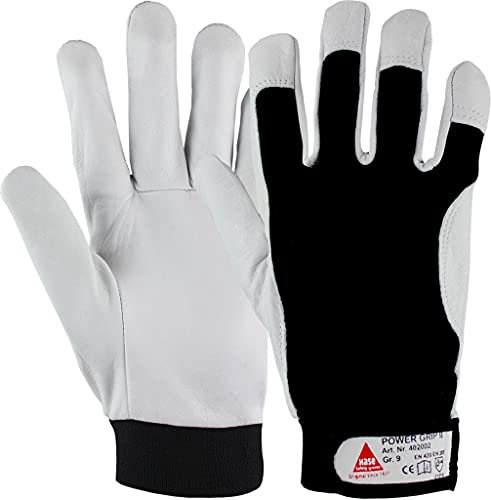 KERMEN.EU Profi Arbeits-handschuhe POWER GRIP II, 5-Fg.-Sicherheitshandschuhe aus Nappaleder - Größe: 7 bis 12, Weiß / Schwarz, 9
