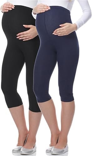 Be Mammy Lot de 2 Leggings 3/4 Grossesse Maternité Tenue Sport 03 (Noir/Bleu Foncé, XL)
