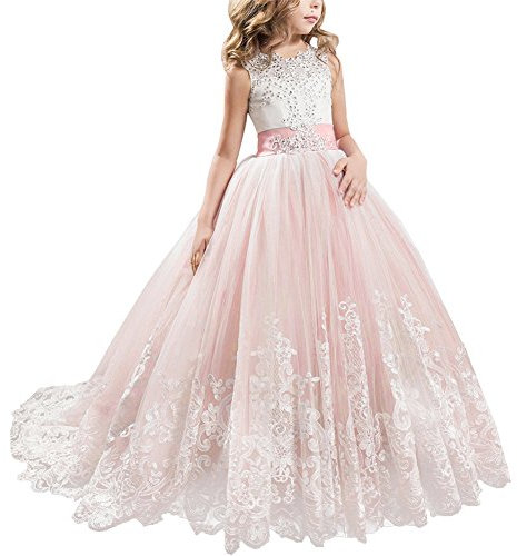 Fiore Ragazze Estivo Abito con Merletto Appliques della Prima Comunione Pizzo Corpetto Abiti da Sposa Damigella Lungo #6 Rose 10-11 Anni