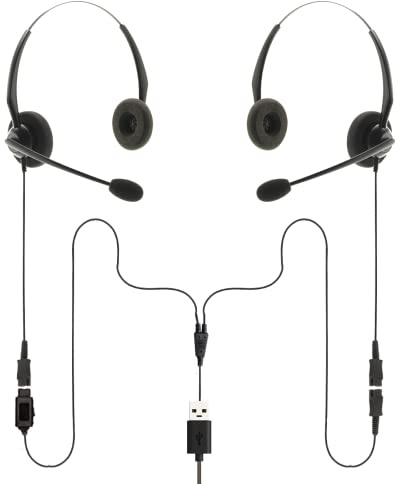 Project Telecom Binaural Training, Supervising & Coaching Headset Kit – USB-A & USB-C 2-User Splitter with Noise-Canceling Microphones Compatible with Microsoft Teams, Zoom, Cisco Webex