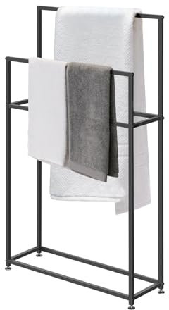WING Handtuchständer freistehend schwarz, Metall Bad handtuchhalter stehend, Badehandtuchständer, 2 Handtuchstangen, modern, H 110cm,85×20×110cm(L×W×H)