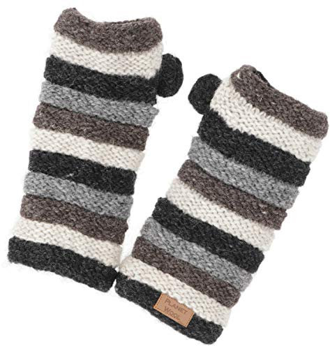 GURU SHOP Geringelte Handstulpen aus Nepal, Handgestrickte Pulswärmer aus Schurwolle - Grau, Herren/Damen, Synthetisch