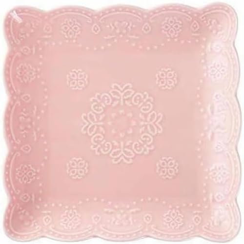 YBK Tech - Assiette carrée en porcelaine effet dentelle en relief pour le petit déjeuner et le thé de l'après-midi (rose, 20,3 cm)