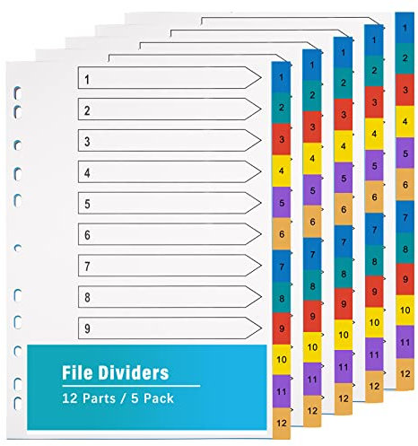 A4 Wide Colour Tabs 【5 Pack】 File Dividers Coloured Mylar Multi Colours 1-12 Multipurpose Porous Index Dividers