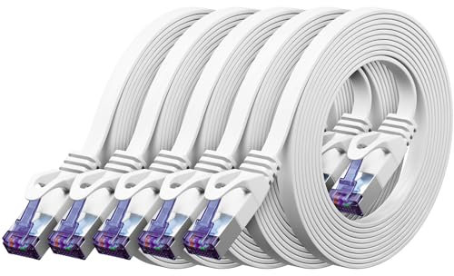 deleyCON 5x 1m Flaches CAT7 Netzwerkkabel (CAT 7 mit 10 Gbit/s) Gigabit LAN - RJ45 Ethernet Kurzes Patchkabel Flach - für Internet Switch Router Modem Patchpanel - Weiß