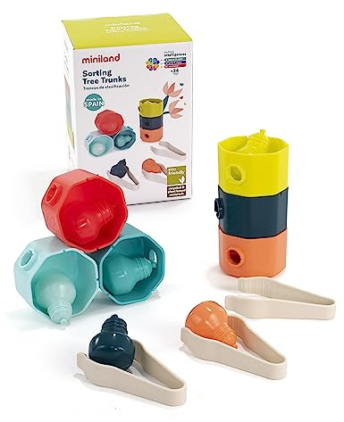 Miniland 97350 Sortierset Baumstämme. Geschicklichkeitsspiel für Kinder von 2 bis 3 Jahren, recycelten und wiederverwertbaren Materialien. Kollektion Feel to Learn