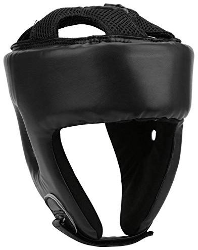EVTSCAN Boxen Kopfbedeckungen Boxhelm PU Leder Verstellbarer Kopfschutz Sanda Kickboxen Training Defense MMA Kopfbedeckungen(S-Schwarz)