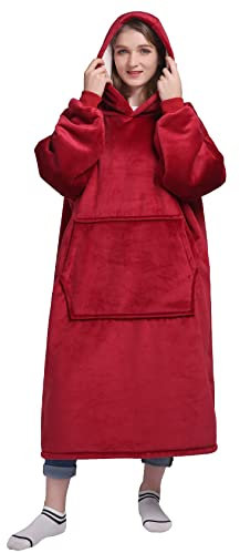 Waitu Tragbare Decke Sweatshirt Geschenke für Frauen und Männer, Sherpa Tragbare Decke Erwachsene, Übergroße Decke Hoodie Lang, Dicke Sherpa Decke mit Ärmeln und Tasche, Wärmeste Körperdecke Robe,Rot