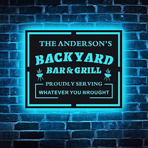 Nom personnalisé Backyard Bar and Grill Bar LED Sign,Enseigne lumineuse personnalisée pour cuisine extérieure,Lumière de barbecue d'arrière-cour, signe de barre de néon de lumière en bois
