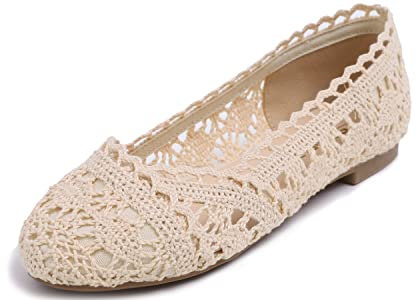 Feversole Round Toe Lace Ballet Crochet Flats Women's Comfy Breathable Shoes Beige Knit Crochet 7 UK