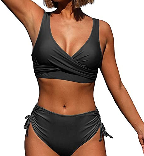 Jarseila Damen Push Up Bikini Set Crossover Bikini Zweiteiler Badeanzug Sexy V Ausschnitt Bikini High Waist Bademode Schwarz M