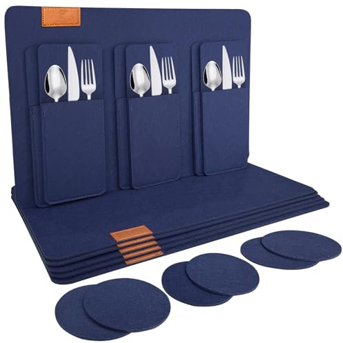 shinfly Set de Table Filz Lot de 18 | Sets de Table Lavable (44 x 32 cm), Antidérapant, Imperméables, Résistant à la Chaleur - Bleu foncé