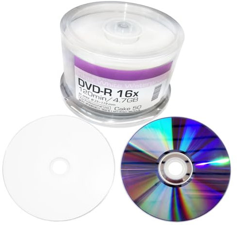 Waterproof High-Glossy DVD-R Rohlinge 4,7 GB Inkjet Printable Nanokeramik Hochglanz Weiß Wasserfest Bedruckbar - 50er Cake-Box
