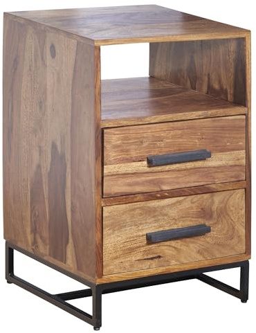 Wohnling Nachttisch 40x35x66 cm Sheesham Massivholz mit 2 Schubladen | Nachtkommode für Boxspringbett, Nachtschrank Industrial mit Metallgestell, handgefertigtes Unikat, Nachtkonsole Braun
