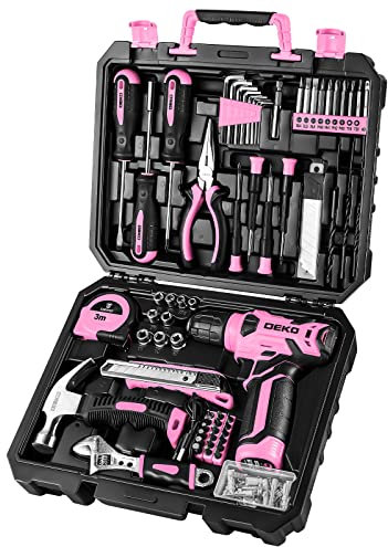 DEKOPRO Ensemble de perceuses, ensemble d'outils domestiques avec perceuse sans fil rose 8 V, kit d'outils à main pour femme, 126 pièces