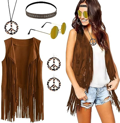 BIQIQI Hippie Kleidung Damen 70er Jahre Bekleidung Damen Fransenweste, Sonnenbrille, Stirnband, Ohrringe, Halskette Disco Outfit für Karneval, FaschingsKostüm, Hallowee (L)