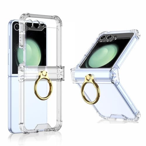 QLTYPRI for Samsung Galaxy Z Flip 5 Case with Hinge Protection, Slim Soft Clear Phone Case with Ring Holder Kickstand All-Inclusive TPU Shockproof Phone Cover for Samsung Galaxy Z Flip 5 5G – Clear
