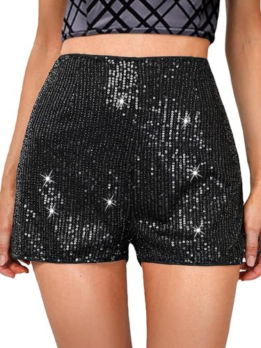 Yoisdtxc Damen Hohe Taille Glitzer Pailletten Shorts Mid Rise Glitter Hot Pants Stretch Straight Leg Party Shorts, A-schwarz, Medium