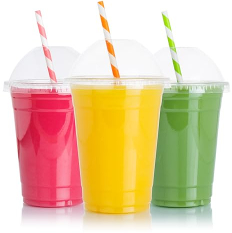 CHEF ROYALE 100 x 16oz Plastic Smoothie Cups with Dome Lids - Reusable Plastic Cups with Lids - Smoothie Cup with Lids for Smoothies and Milkshakes - Recyclable & Disposable Cups, GHK203432