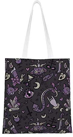 Bolsa de lona negra y morada gótica espeluznante, bolsa de tela de algodón resistente, para bolsas de comestibles reutilizables, compras, comestibles, escuela, gimnasio, Black, Talla única
