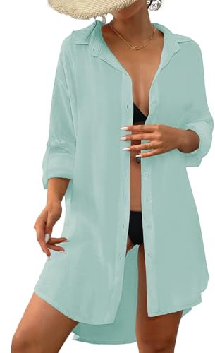 Tanmolo Damen Strandkleid Bikini Cover Up Sommer Strandbluse Strandhemd V-Ausschnitt Strandponcho Bademode Strand Vertuschen Shirt (Minzgrün,XL)