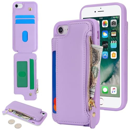 SailorTech Violette iPhone 7/8/SE 2020/SE 2022 Hülle mit Kartenhalter und Reißverschluss - Handyhülle mit Geldbörse aus Leder