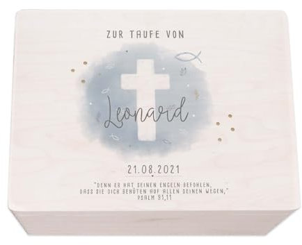 hellomini Taufgeschenke - Personalisierte Erinnerungsbox Taufe aus Holz - Taufgeschenke für Mädchen - Taufgeschenke Jungen - Taufe Geschenk (Kreuz blau Druck, S: 30x20x14cm)