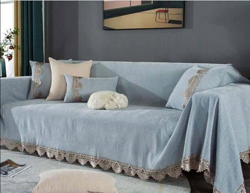 Epinki Sofa Überwurfdecke, 180x200CM Ecksofa Bezug Abnehmbar Einfarbig mit Spitze Muster, rutschfeste Sesselbezug Hund aus Chenille Möbelschutz-Sofabezüge, Blau Grau
