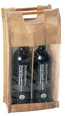 Artexia Bolsa porta botellas de yute con ventana de PVC transparente y asas de bambú botellero vino regalo bolsas porta botellas de vino, Yute X2, Talla única, Elegante