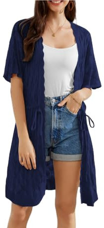 GRACE KARIN Damen Boho Gestrickte Cardigan Strand Lange Bolero Kurzarm Sommer Cardigan mit Bindegürtel Blumen Pareos für Strandkleider Urlaub Dunkelblau S