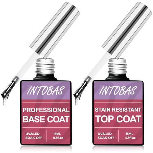 INTOBAS Base y Top Coat Semipermanente Super Brillo 2 * 15ML, Base Coat y Top Coat No Wipe, Esmalte Semipermanente de Uñas en Gel UV/LED Kit, Soak off, Larga duración, Apto Para Nail Art