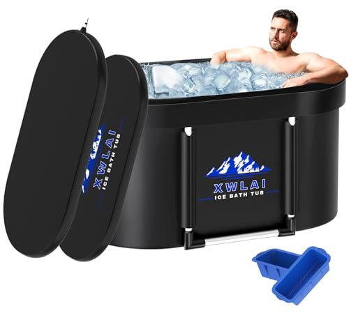 Baignoire de glace XL pour athlètes, grande baignoire ovale plongeante avec 2 moules à glace pliables et couvercle pour la récupération et la thérapie à l'eau froide, bain de glace plongeant (bain de