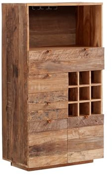 Woodkings Highboard Oldwood | Hochkommode 80x145x40 rustikal aus Altholz | Kommode mit Weinregal ideal für Wohnzimmer & Esszimmer | Stauraumwunder, Einzigartiges Design