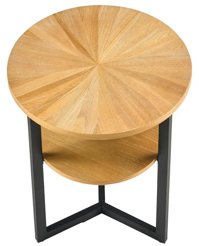 PADMA HOUSE Runder Couchtisch, Teetisch, Doppeldecker Beistelltisch, Sofatisch für Wohnzimmer, mit Metallbeinen (Holzfarbe, 49 x 49 x 60 cm)