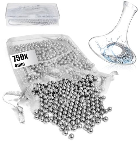 COM-FOUR® 750x billes de nettoyage en acier inoxydable avec boîte – billes de nettoyage pour bouteilles, carafes à vin, pichets à vide et tasses thermos (1 pièce (750 4 mm))