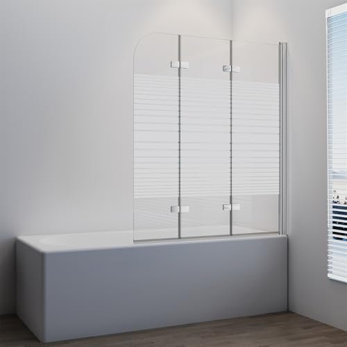 IMPTS Duschwand Faltwand für Badewanne 3 teilig, Badewannenaufsatz mit Milchglas Streifen 140x140cm Badewannenfaltwand Duschabtrennung mit 6mm Teilsatiniert Nano ESG Glas 180° Schwingen