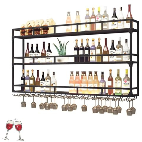 WXZXWXZX Weinregal Wand Metall Flaschenregal Schmal Wine Rack Bar Regal Wand Weinschrank Hausbar Barschrank Weinständer Getränke Regal mit Weinglashalter Vitrine Hängend für Bartheke Wohnzimmer(Nero,