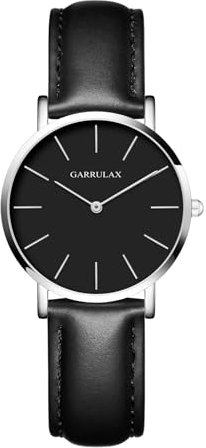 Garrulax Damen ultradünnes Gehäuse Analoge Quarzuhr Armbanduhren 36MM(Silber, Schwarze Oberfläche und schwarzes Leder)