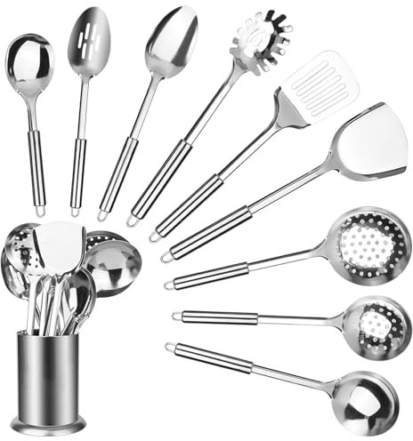 Kitchen Utensil Set 10 Pieces Stainless Steel Cooking Utensils Set Kitchen Tools with Holder Rack Cooking Tools with Hooks Heat Resistant Kitchen Utensils Sets