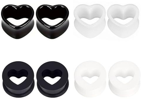 LOCCY 4 Paires Écarteur d Oreilles, 4-20mm Forme Coeur Tunnels de Chair Silicone Tunnels d'Oreille Acrylique Tunnels Plugs Tunnels Oreille à Double évasement pour Oreille Piercing (Noir+Blanc, 16mm)