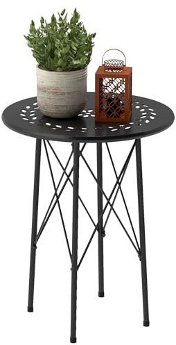 Outsunny Gartentisch Ø40 x 50cm, Wetterfest Balkontisch aus Stahl, Beistelltisch mit Blumendesign Schutzfüße, Rund Esstisch Outdoor, Campingtisch Terrassentisch für Garten Terrasse Balkon Schwarz