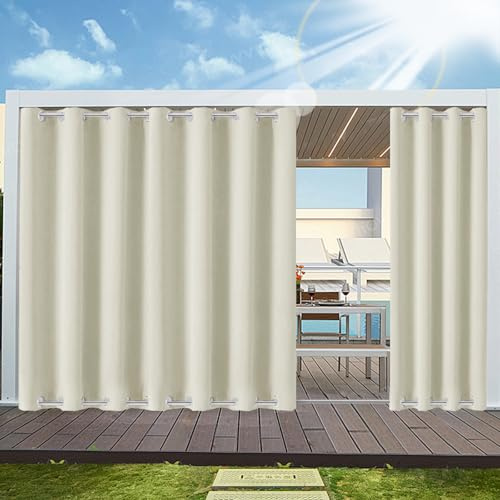 HaiTaoSy Outdoor Vorhang Wetterfest mit ösen Oben und Unten (Nach Mass), Wasserdicht Wetterfest Vorhang Sonnenschutz Sichtschutz Gardine für Außen Terrasse Balkon Vorhalle, 1 Stück 90X200cm Beige