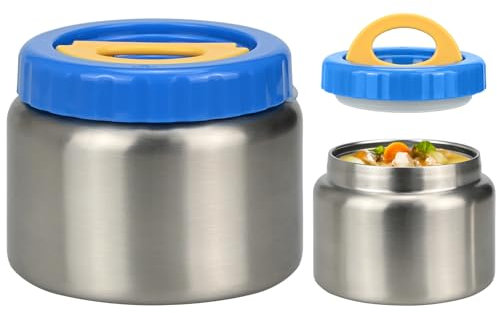 Smlper Recipiente térmico para alimentos, 250 ml/350 ml, recipiente infantil de acero inoxidable con doble tapa, recipiente térmico portátil, aislante, mango aislado y aislado al vacío (azul, 350 ml)