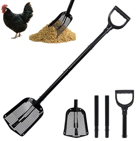 Pala setacciatrice in metallo resistente con manico regolabile, setaccio per sabbia per la pulizia della spiaggia, paletta per pollaio, bancarella di capra, giardino, uso esterno, design a rete