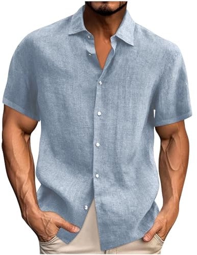 Linen Shirt for Men Sale Clearance,Mens Solid Color Short Sleeve Lapel Button Down Linen Shirts,Summer Holiday Vacation Beach Blouse Office Work Blouses Casual Loose Comfroty Breathable Tops S-5XL