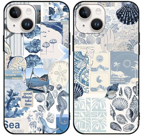 Phoona 2 Pack Cute Case for iPhone 14 Plus 6.7, European Collage Preppy Summer Girly Design Pattern for Girls Women, Slim Soft Silicone Shockproof Bumper Protector Cover, Blue 04