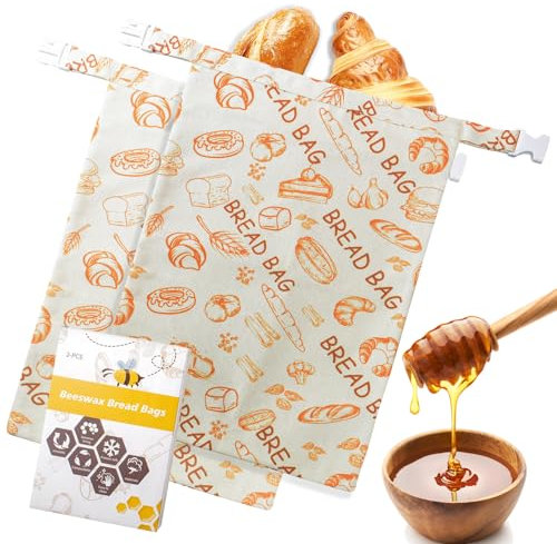AQCQDQ 2er Set Wiederverwendbare Bienenwachs Brotbeutel, Brotbeutel für hausgemachtes Brot, Baumwoll Brotbeutel mit Bienenwachs-Futter für Sauerteig & Brotaufbewahrung
