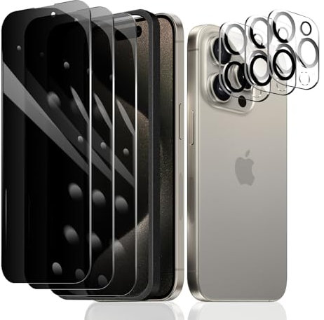 Fylnatc 3 Stück Sichtschutz Schutzfolie für iPhone 15 Pro [6,1 Zoll]+ 3 Stück Kameraschutz mit einfachem Befestigungswerkzeug, Anti-Spy Panzer Schutz Glas, Anti-Spionage Panzerfolie, gehärtetem Glas
