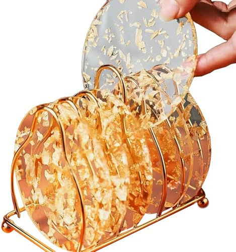 Posavasos para Bebidas, Posavasos Redondos para Copas Juego de 6, Juego de Posavasos Transparentes, Lámina de Oro Transparente Posavasos para Bebidas, Lavable/Antideslizante, para café/té/Tazas